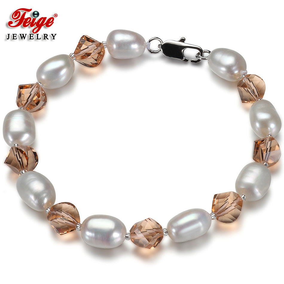 offer 7-8MM White Pearl Bracelet for Women Brown Crystal Strand Bracelets Baroque style Pearl Jewelry