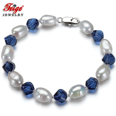 offer 7-8MM White Pearl Bracelet for Women's Blue Crystal Strand Bracelets Baroque style Pearl Jewelry