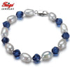 offer 7-8MM White Pearl Bracelet for Women's Blue Crystal Strand Bracelets Baroque style Pearl Jewelry