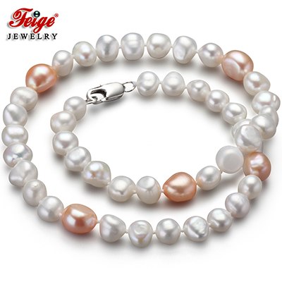 offer Baroque 7-8/10-11MM White/Pink Pearl Necklace for Women Trendy style Fine Pearl Jewelry Bijoux