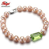 offer Baroque 7-8MM Natural Pink Pearl Bracelets For Women Green Crystal Strand Bracelet Fine Jewelry