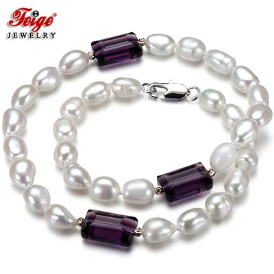 offer Baroque 7-8MM White Pearl Choker Necklace for Women Dark purple Crystal Gargantilla Pearl Jewelry