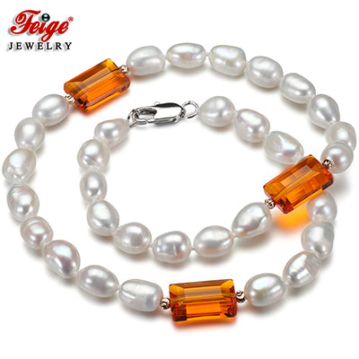offer Baroque 7-8MM White Pearl Choker Necklace for Women Orange Crystal Gargantilla Fine Pearl Jewelry
