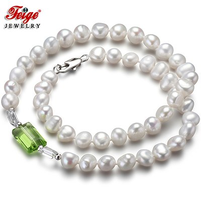 offer Baroque 7-8MM White Pearl Choker Necklace for Women's Green Crystal Collar Fine Pearl Jewelry
