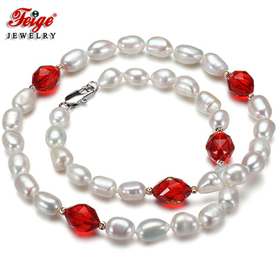 offer Baroque 7-8MM White Pearl Choker Necklaces for Women Red Crystal Gargantilla Fine Pearl Jewelry