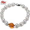 offer Baroque 7-8MM White Pearl Strand Bracelet for Women Orange Crystal Bracelet Fine Jewelry Pulseras