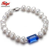 offer Baroque 7-8MM White Natural Pearl Strand Bracelets For Women Blue Crystal Bracelet Pearl Jewelry