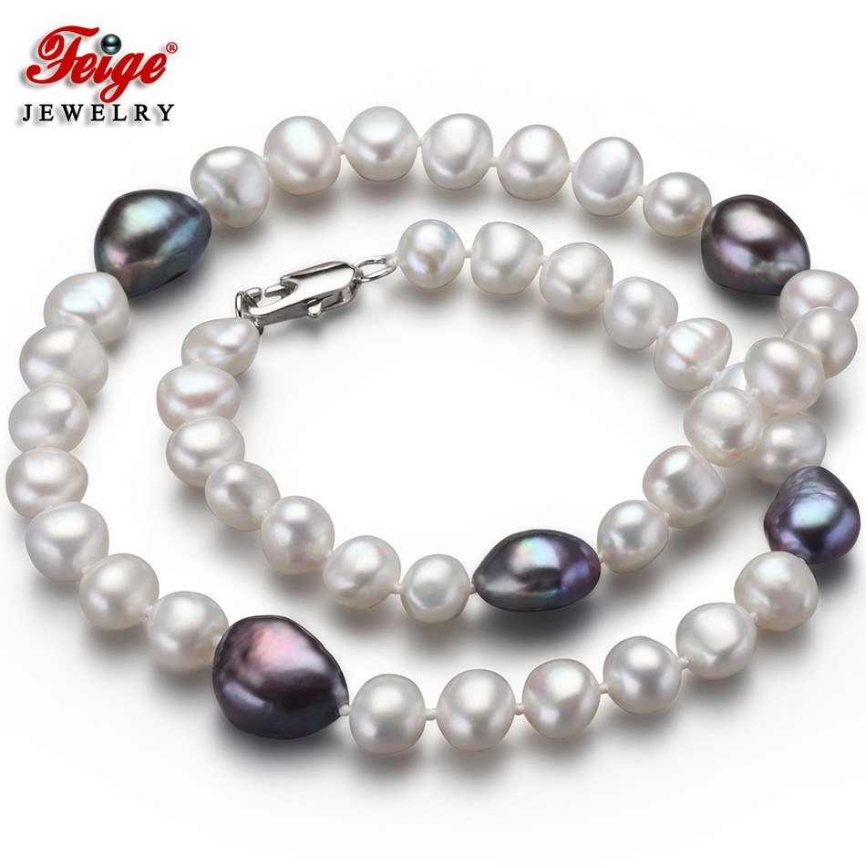 offer Baroque style 7-8/10-11MM White/Black Pearl Necklace for Women De moda Collar Pearl Fine Jewelry