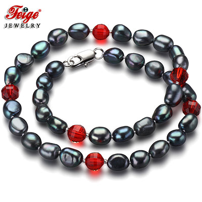 offer Trendy style Baroque 7-8MM Black Pearl Necklace for Women's Red Crystal Pearl Jewelry Collar