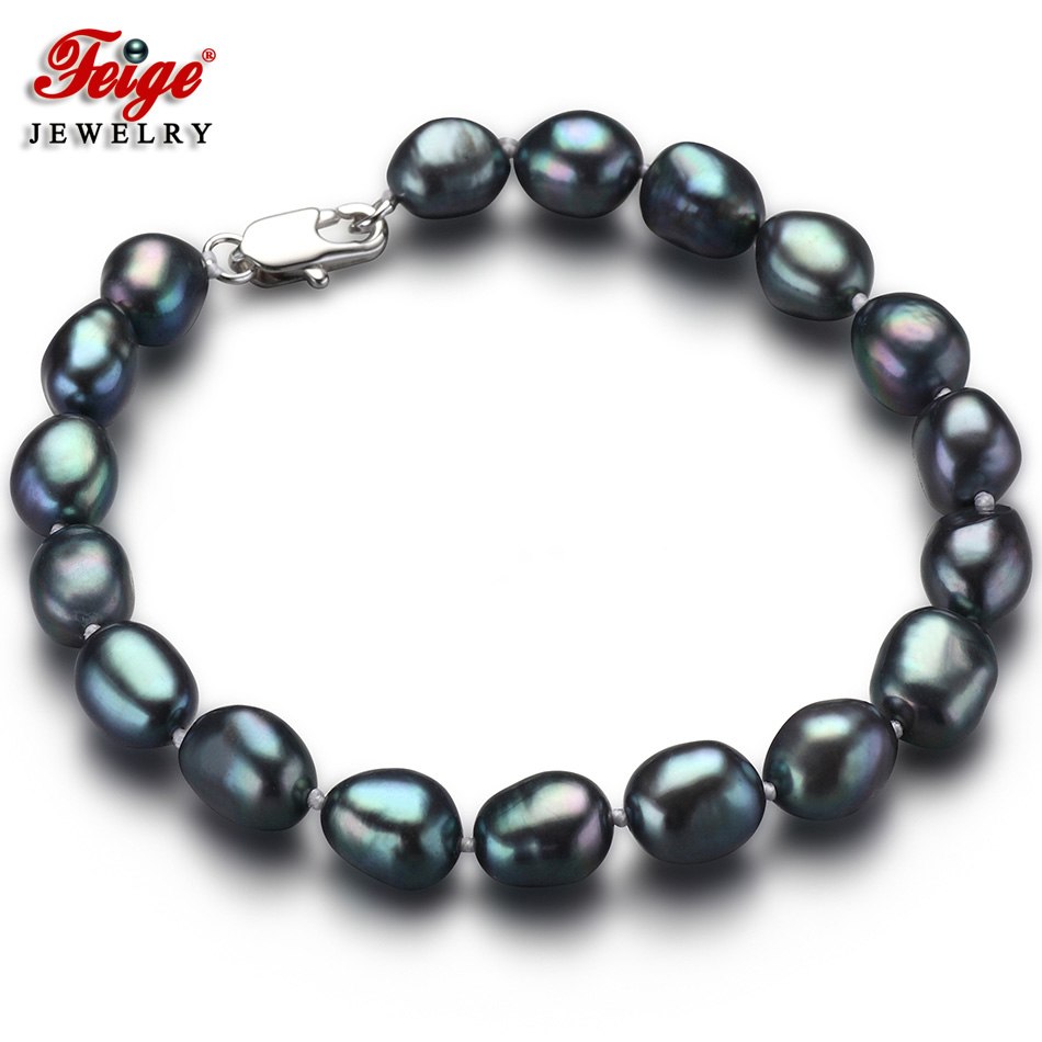 offer Vintage Style Baroque 7-8MM Black Cultured Pearl Strand Bracelets For Women's Fine Pearl Jewelry