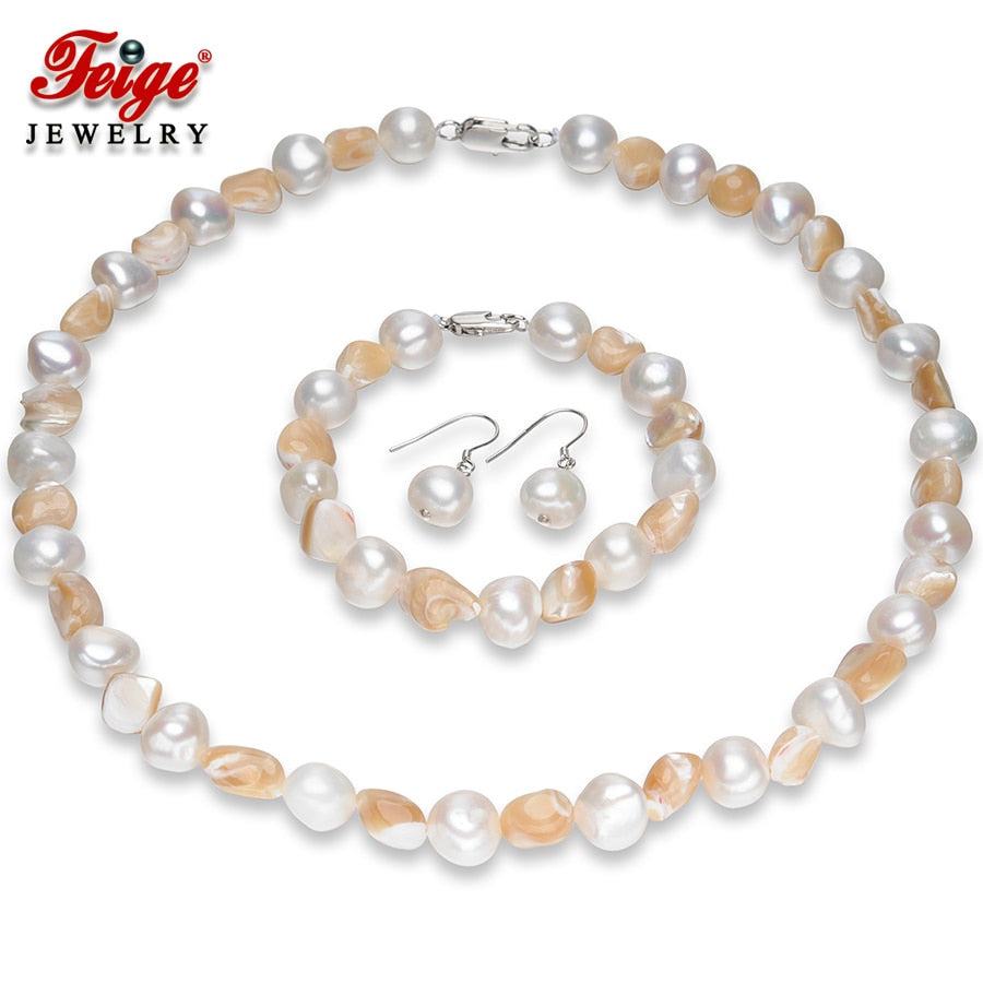 girl's Necklace Jewelry Set with Pearls and Trochus Shell Silvern Earrings Bracelet Sets of Wedding Decorations