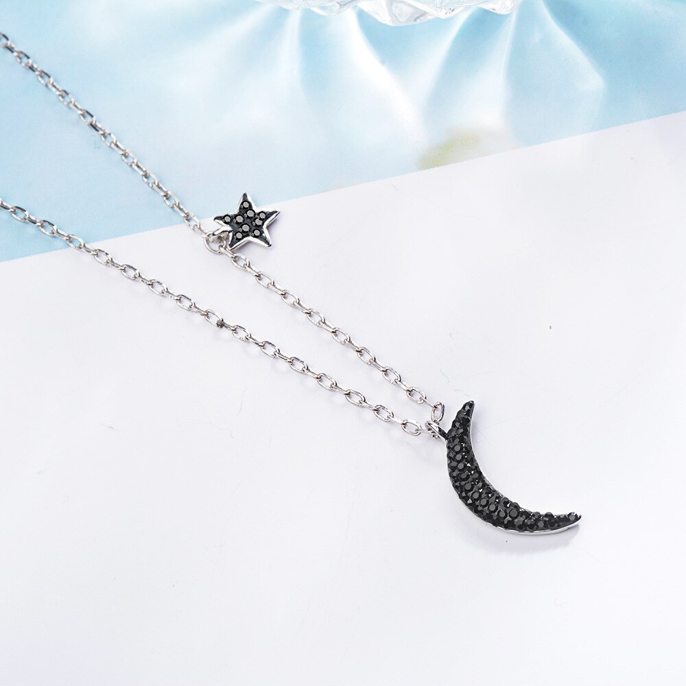Female 925 Stamp Silver Color Black Star Moon Pendants And Necklaces Wedding Bride Party Jewelry Gift