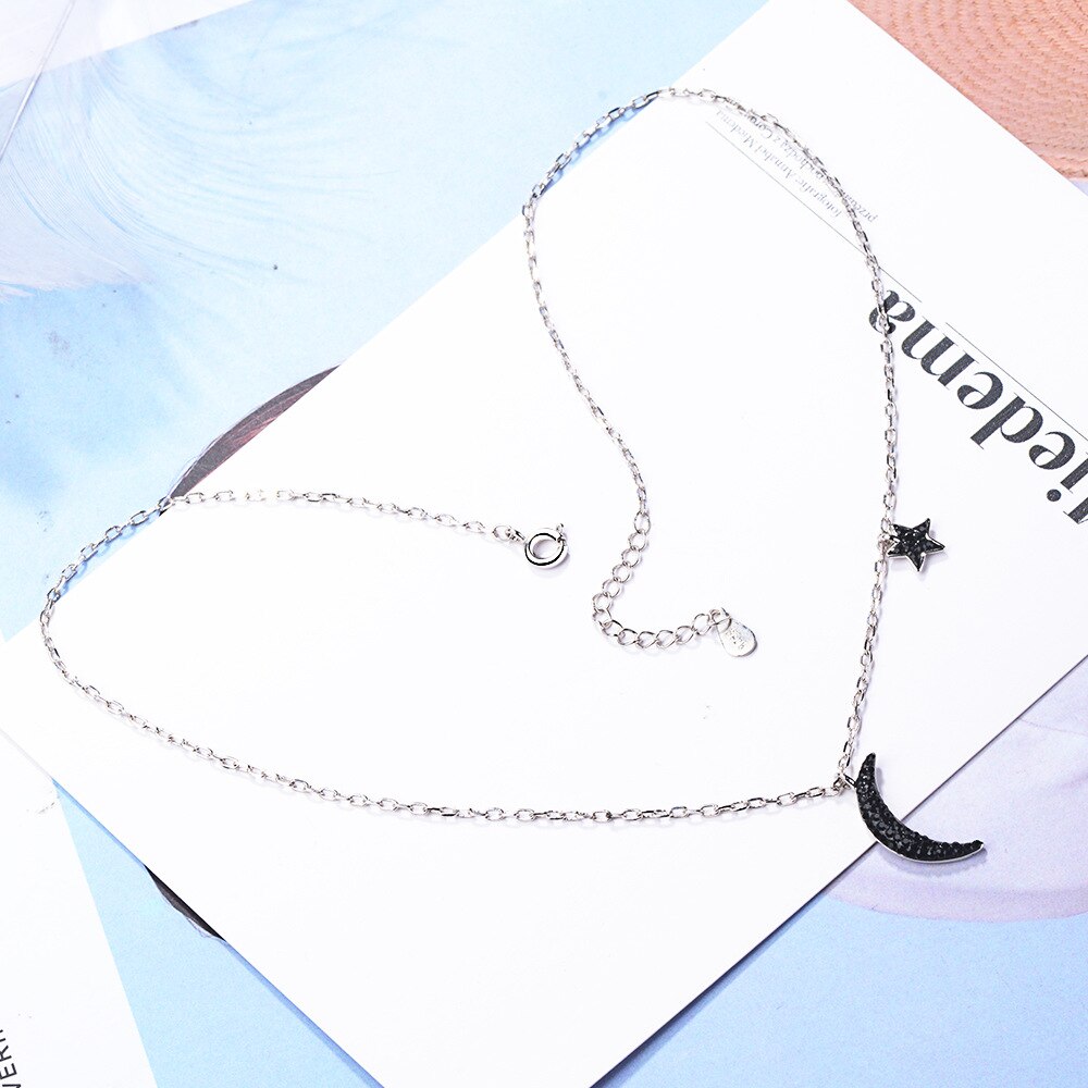Female 925 Stamp Silver Color Black Star Moon Pendants And Necklaces Wedding Bride Party Jewelry Gift