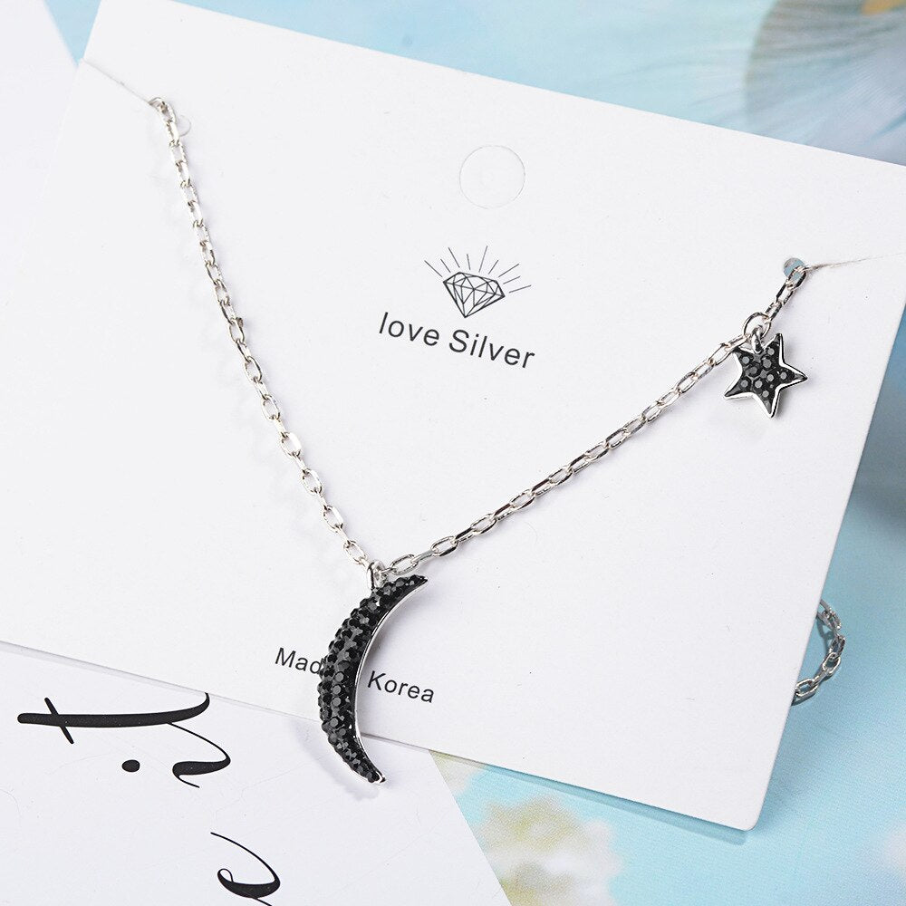 Female 925 Stamp Silver Color Black Star Moon Pendants And Necklaces Wedding Bride Party Jewelry Gift