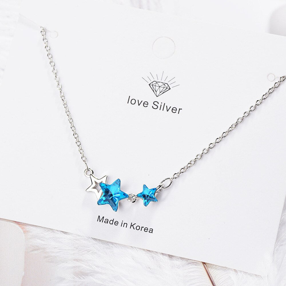Female 925 Stamp Silver Color Blue Star Crystal Pendants And Necklaces For Women Wedding Jewelry 2022 Party Gifts