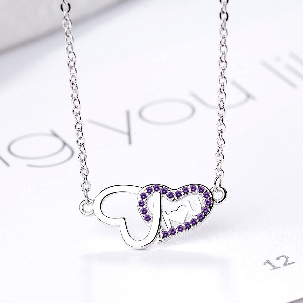 Female 925 Stamp Silver Color Double Heart Pendants And Necklaces For Women LOVE Wedding Party Jewelry