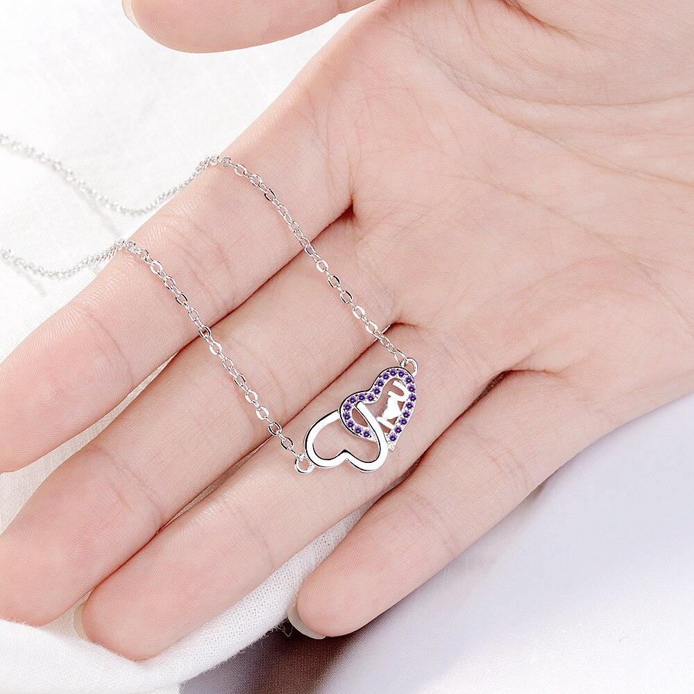 Female 925 Stamp Silver Color Double Heart Pendants And Necklaces For Women LOVE Wedding Party Jewelry