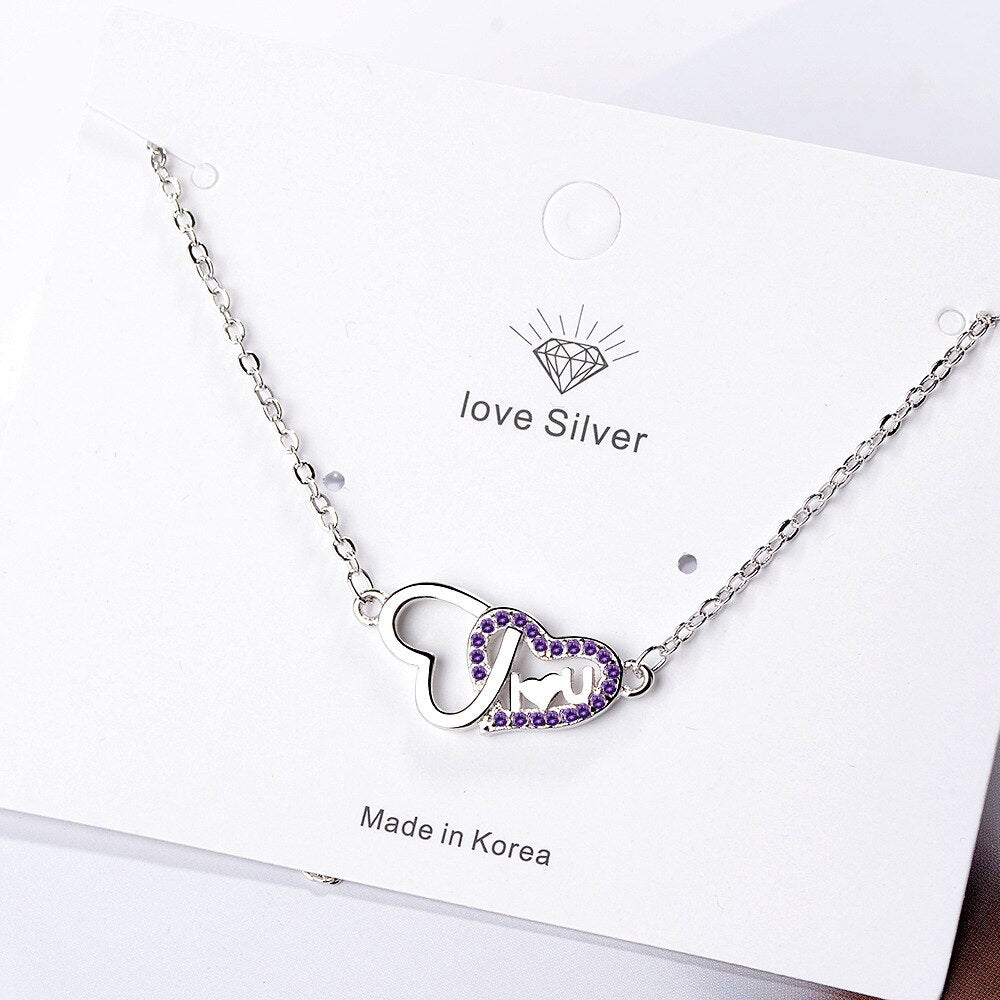 Female 925 Stamp Silver Color Double Heart Pendants And Necklaces For Women LOVE Wedding Party Jewelry