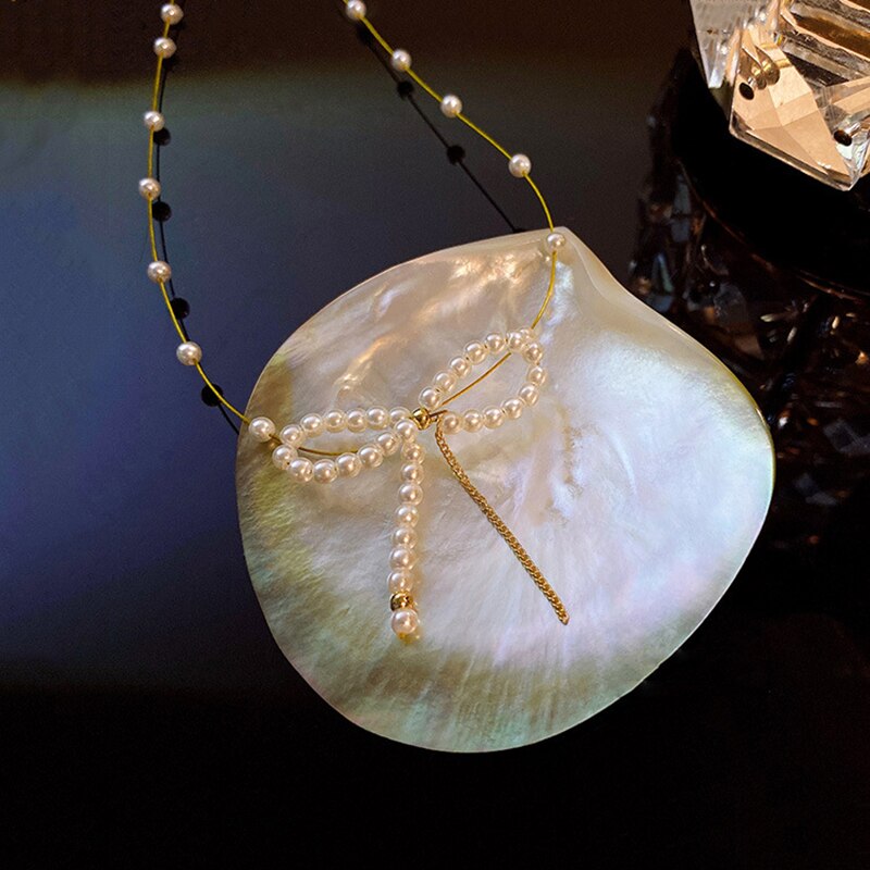 Female French Romantic Style Vintage Pearl Necklaces Design  Clavicle Chain Tassel Bowknot Pendant Prom Accessories