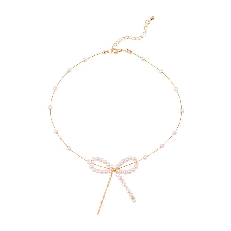 Female French Romantic Style Vintage Pearl Necklaces Design  Clavicle Chain Tassel Bowknot Pendant Prom Accessories