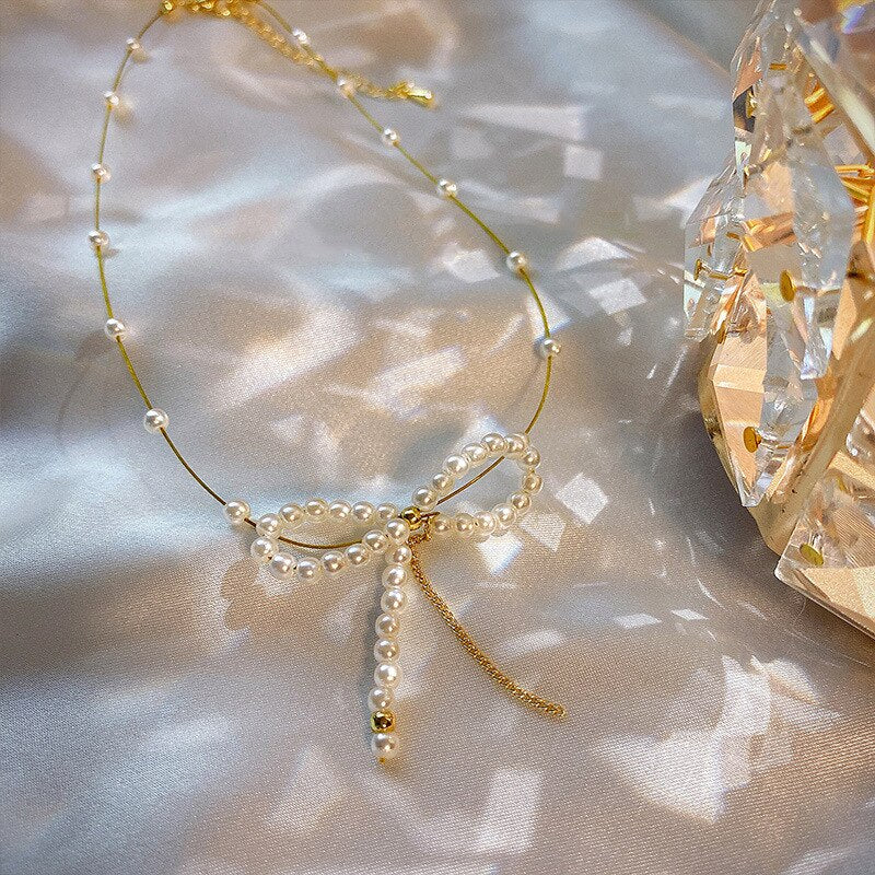 Female French Romantic Style Vintage Pearl Necklaces Design  Clavicle Chain Tassel Bowknot Pendant Prom Accessories