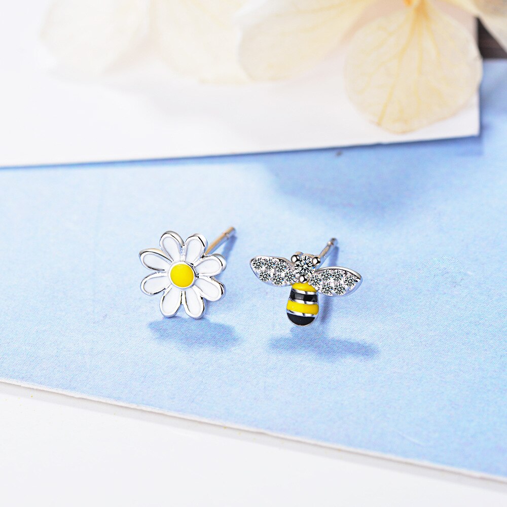Female  925 Stamp Silver Color Flower Simple Cute Bee Earrings Charm Ear Stud For Women Girl Jewelry Christmas
