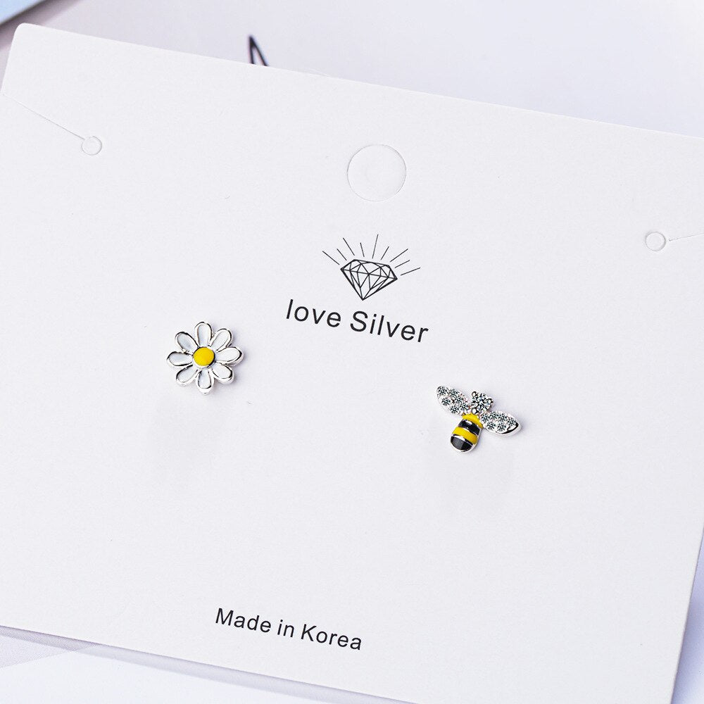 Female  925 Stamp Silver Color Flower Simple Cute Bee Earrings Charm Ear Stud For Women Girl Jewelry Christmas