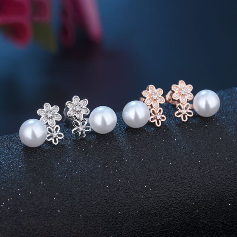 Female  925 Stamp Silver Color Pearl Earrings Sun Flower Charm Ear Stud For Women Girl Jewelry Gift
