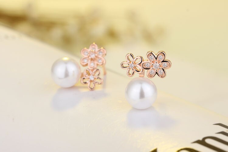Female  925 Stamp Silver Color Pearl Earrings Sun Flower Charm Ear Stud For Women Girl Jewelry Gift