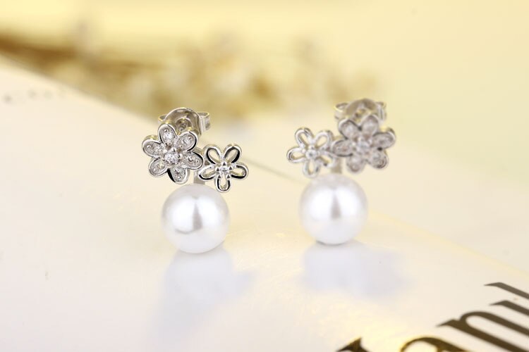 Female  925 Stamp Silver Color Pearl Earrings Sun Flower Charm Ear Stud For Women Girl Jewelry Gift