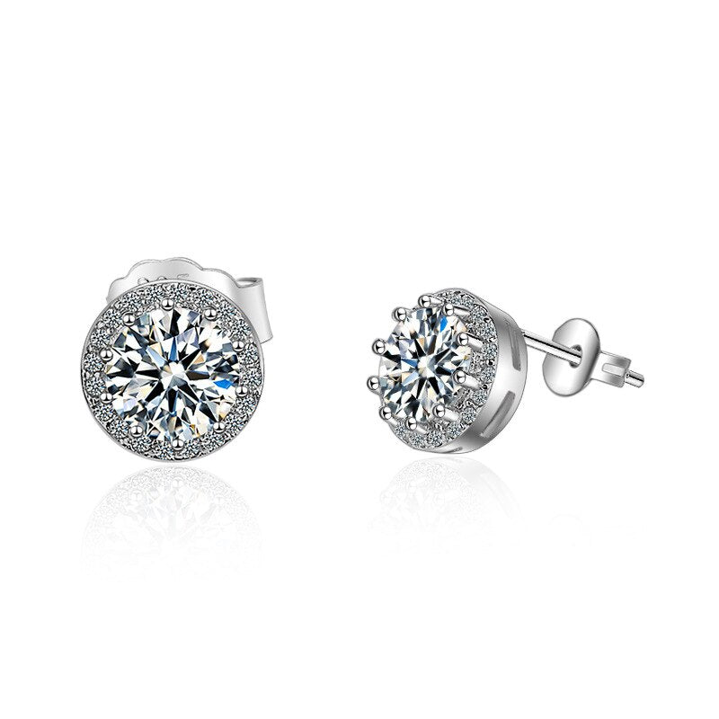 Female  925 Stamp Silver Color Round Zircon Earrings Charm Ear Stud For Women Girl Jewelry Gift