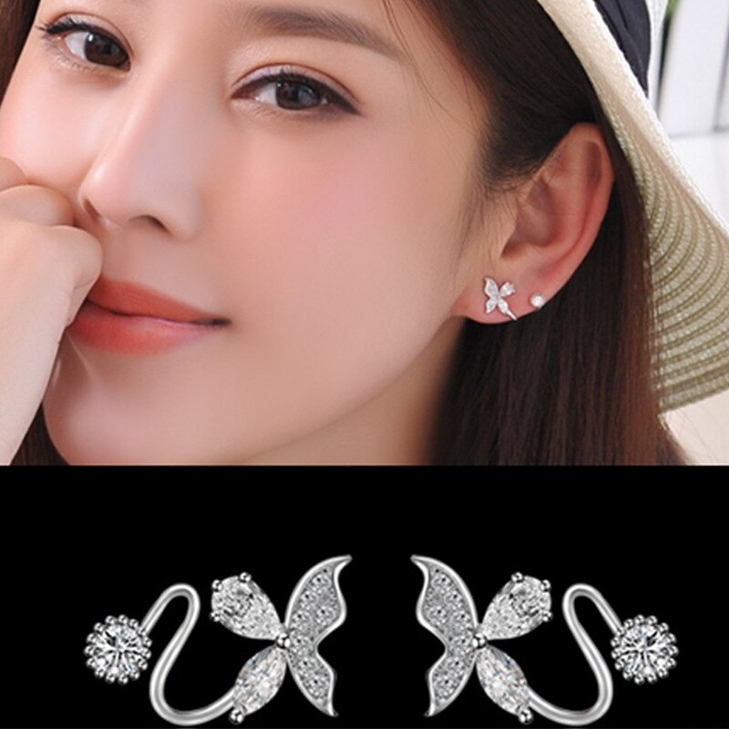 Female  925 Stamp Silver Color Whirl Butterfly Earrings Charm Zircon Ear Stud Clip For Women Girl Jewelry Gift Christmas