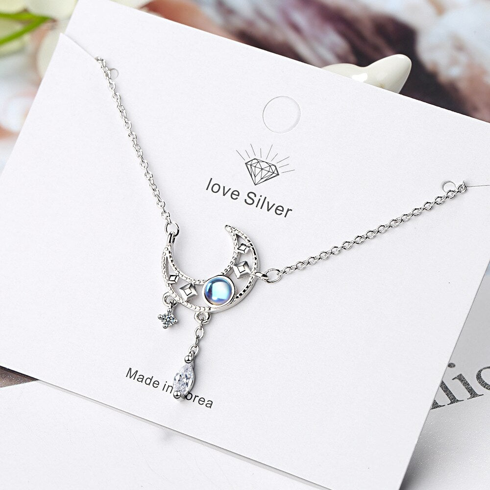 Female Moon Crystal Necklaces Pendant 925 Stamp Silver Color Aesthetic Chain Vintage  Quality Jewelry for women