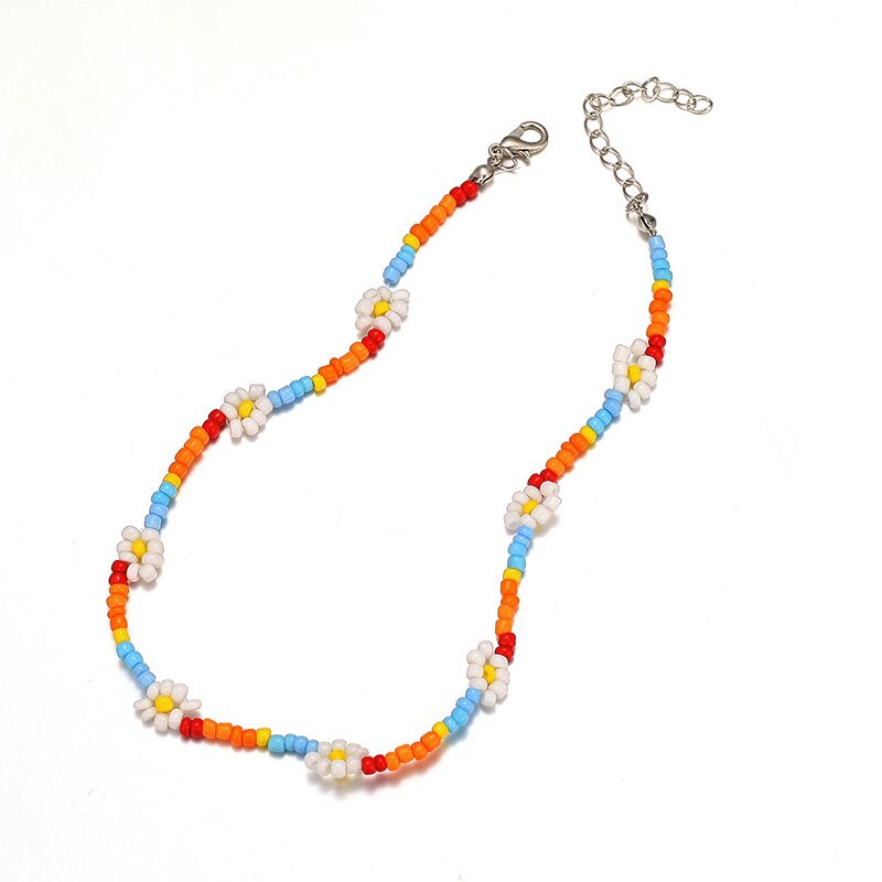 Female Personality Color Beaded Ethnic Style Necklace Creative Rice Bead Woven Flower Geometric Necklace