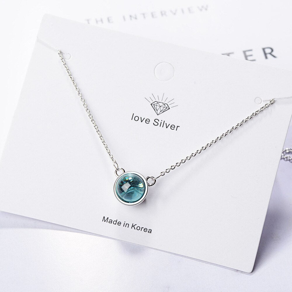 Female Round Crystal Pendants And Necklaces For Women 925 Stamp Silver Color Wedding Party Jewelry Gifts