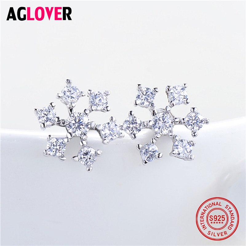 Female Snowflake Stud Earring 100% Real 925 Sterling Silver Jewelry High Quality AAA Zircon Double Earrings For Women Best Gift