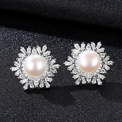 Female Snowflake Stud Earrings Natural Pearl Real 925 Sterling Silver Jewelry High Quality For Women Christmas Gifts