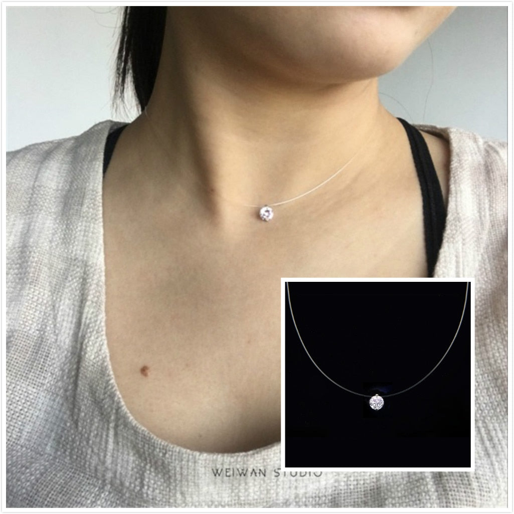 Female Transparent Fishing Line Necklace Invisible Women Rhinestone Choker Necklaces Female Gift