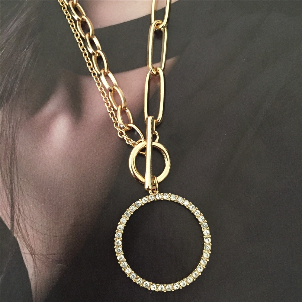 Feminist Gold Color Plating Clear Stone Paving Large Circle Pendant Special Chain Necklace For Women Girl Lady Gift Gorgeous
