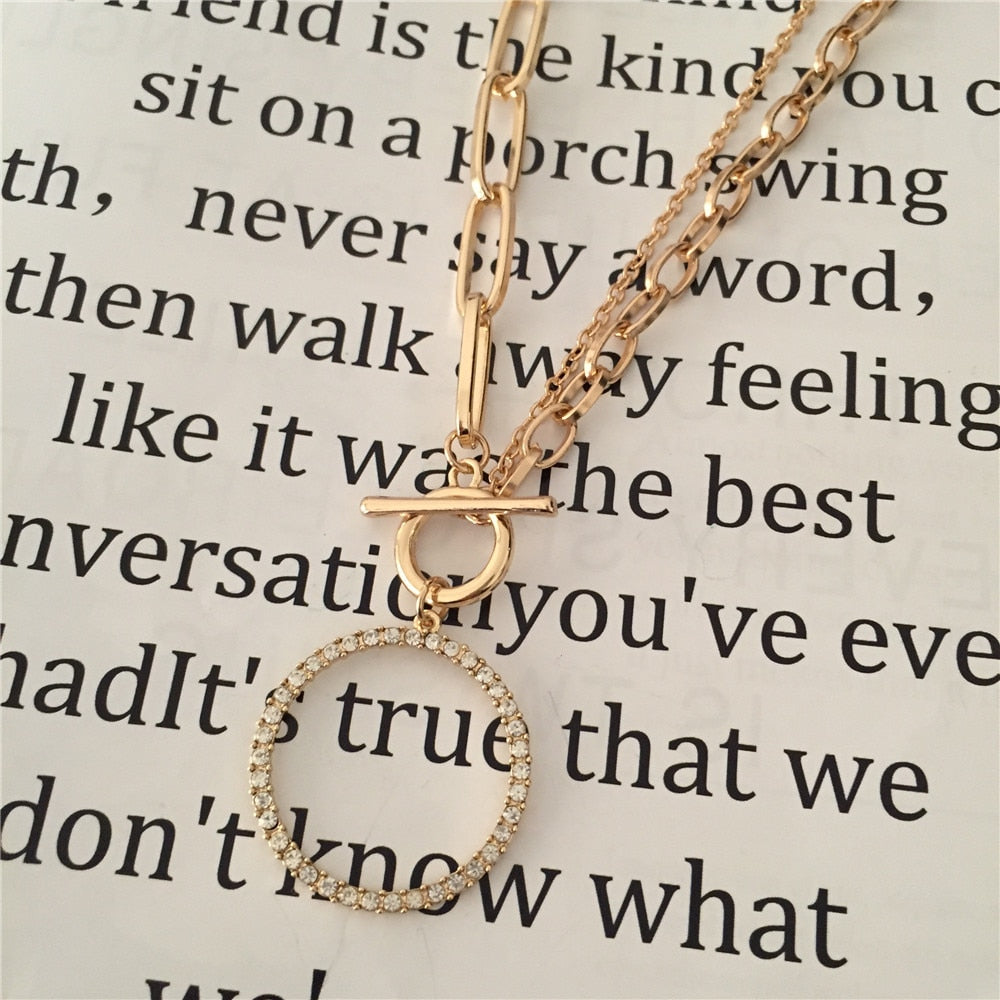 Feminist Gold Color Plating Clear Stone Paving Large Circle Pendant Special Chain Necklace For Women Girl Lady Gift Gorgeous