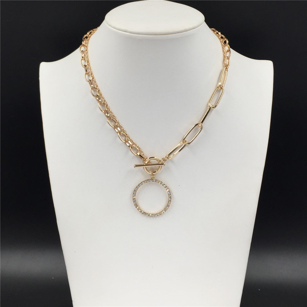 Feminist Gold Color Plating Clear Stone Paving Large Circle Pendant Special Chain Necklace For Women Girl Lady Gift Gorgeous