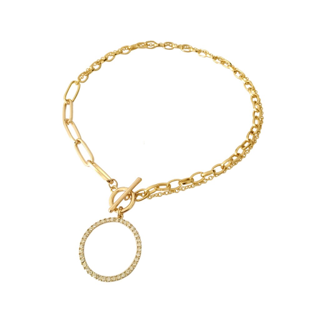 Feminist Gold Color Plating Clear Stone Paving Large Circle Pendant Special Chain Necklace For Women Girl Lady Gift Gorgeous