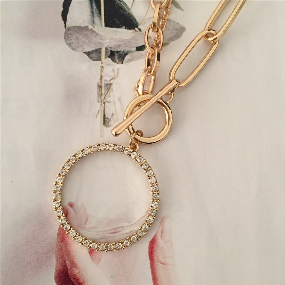 Feminist Gold Color Plating Clear Stone Paving Large Circle Pendant Special Chain Necklace For Women Girl Lady Gift Gorgeous