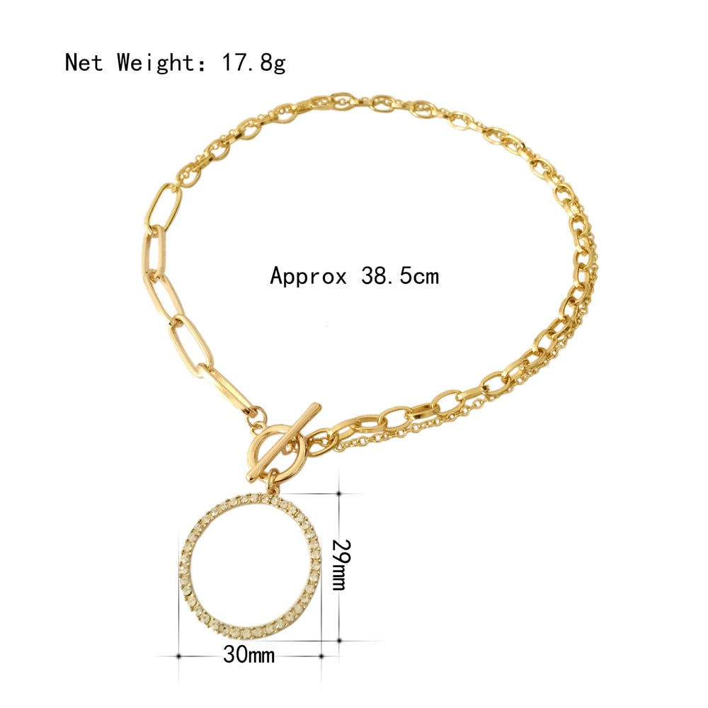 Feminist Gold Color Plating Clear Stone Paving Large Circle Pendant Special Chain Necklace For Women Girl Lady Gift Gorgeous