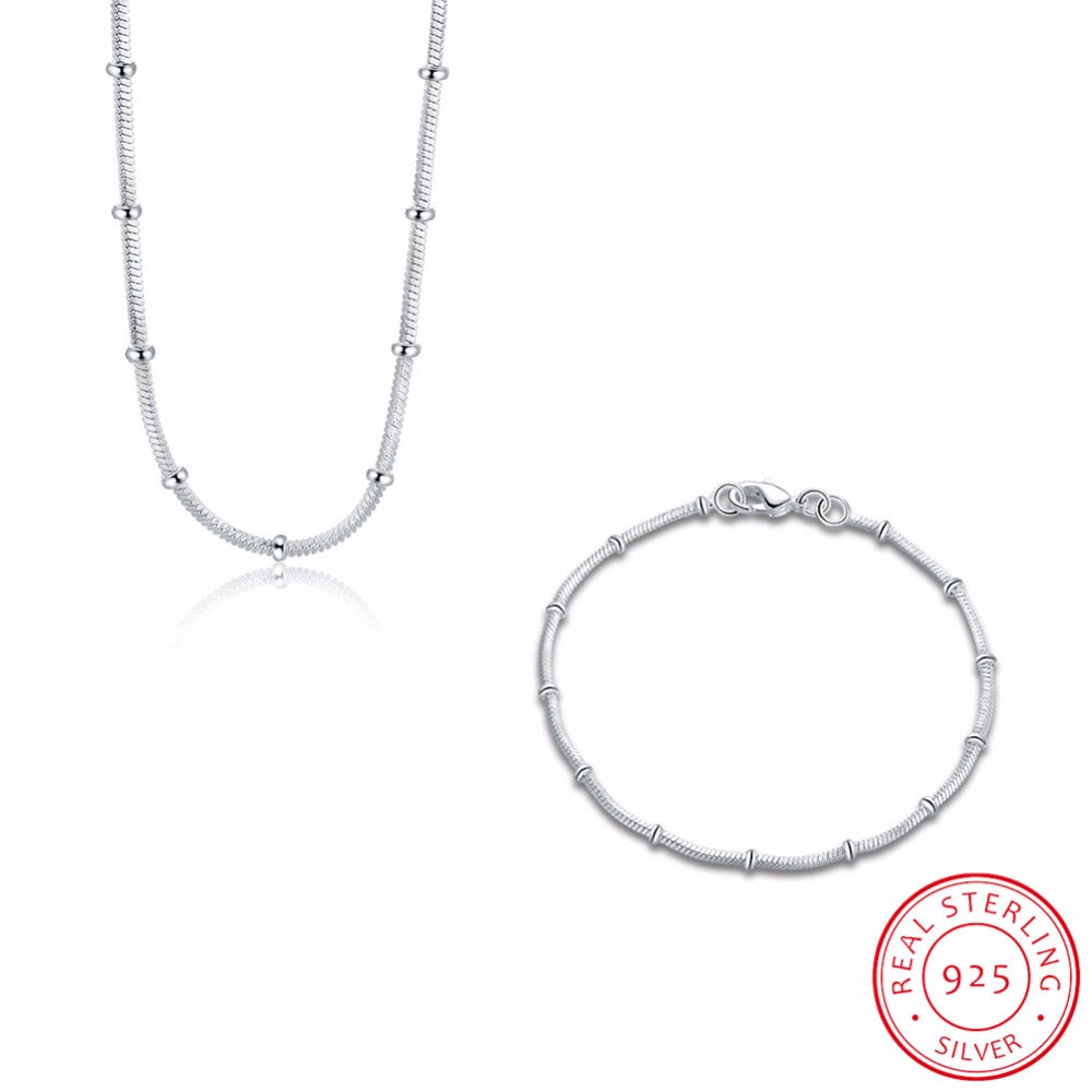 Femme 925 sterling silver Fine Jewlry, minima snake chain bead necklaces Bracelet for women joyas de plata 925 jewelry Set