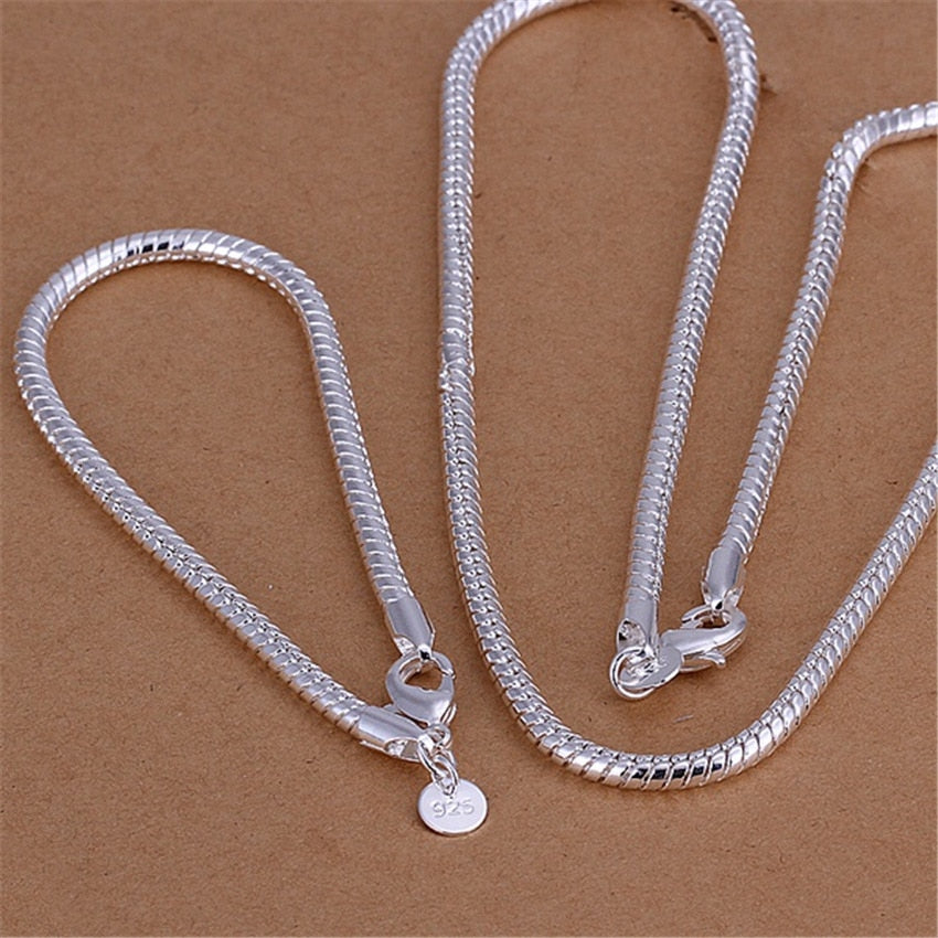 Fine 3MM Snake bone chain 925 sterling Silver Bracelets necklaces for men women designer jewelry sets wedding party Gift