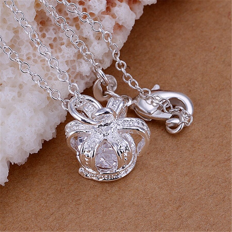 Fine 925 Stamped Silver crystal diamond crown Pendant Necklace for woman Holiday gift wedding party  designer Jewelry