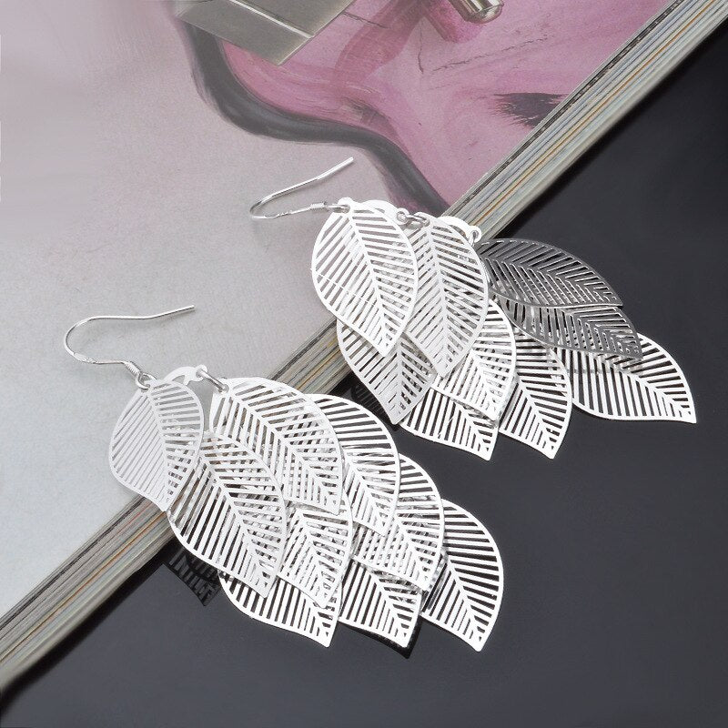 Fine 925 Sterling Silver Tassel Layered Leaves Drop Earrings for Woman party Trendsetter wedding Jewelry Holiday gift