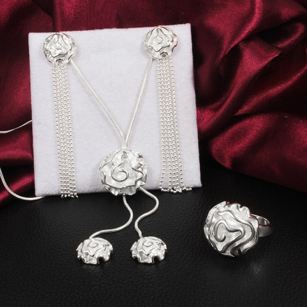 Fine 925 sterling Silver Pretty rose flower necklace earrings rings for women Jewelry set Party wedding accessories gift