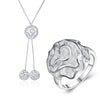 Fine 925 sterling Silver romantic rose flower necklace rings for women wedding accessories Jewelry set Party Couple gift